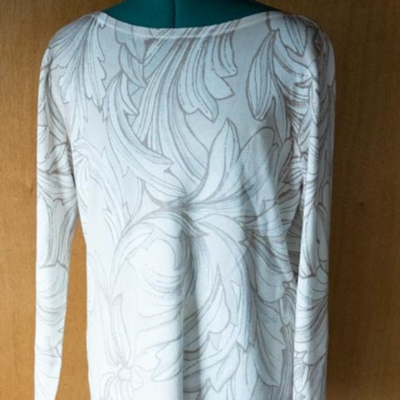 Chico's Tops - Chico's Cream w Tan Foliage Scoop Neck Woven Long Sleeve Tee womens 1 (M)